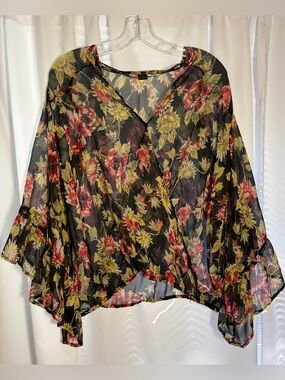 VOLCOM Black Floral  Sheer Wrap Blouse size L